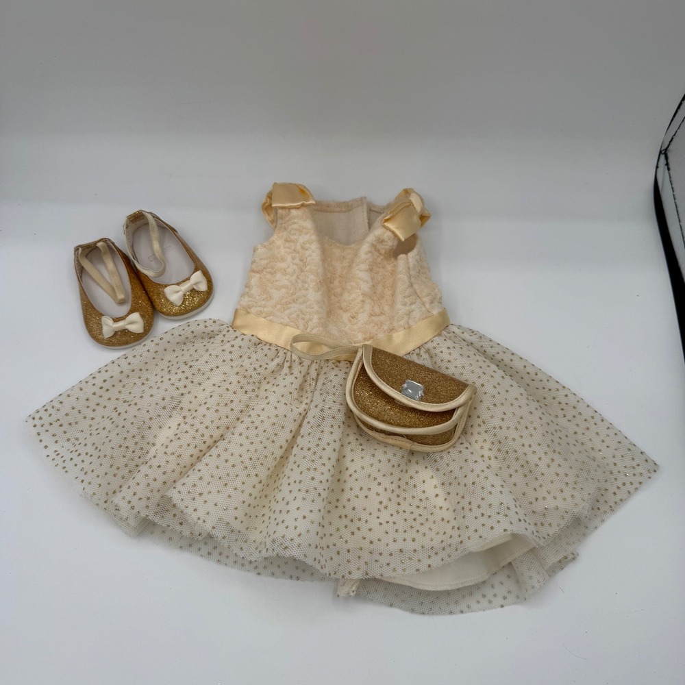 American Girl Doll Cream Gold Tulle Party Dress Shoes Purse Set CMV09 1885BKG
